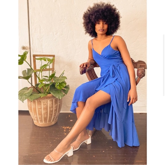 Lulu’s Manhattan Moment Blue Ruffled Midi Wrap Dress - Picture 4 of 7